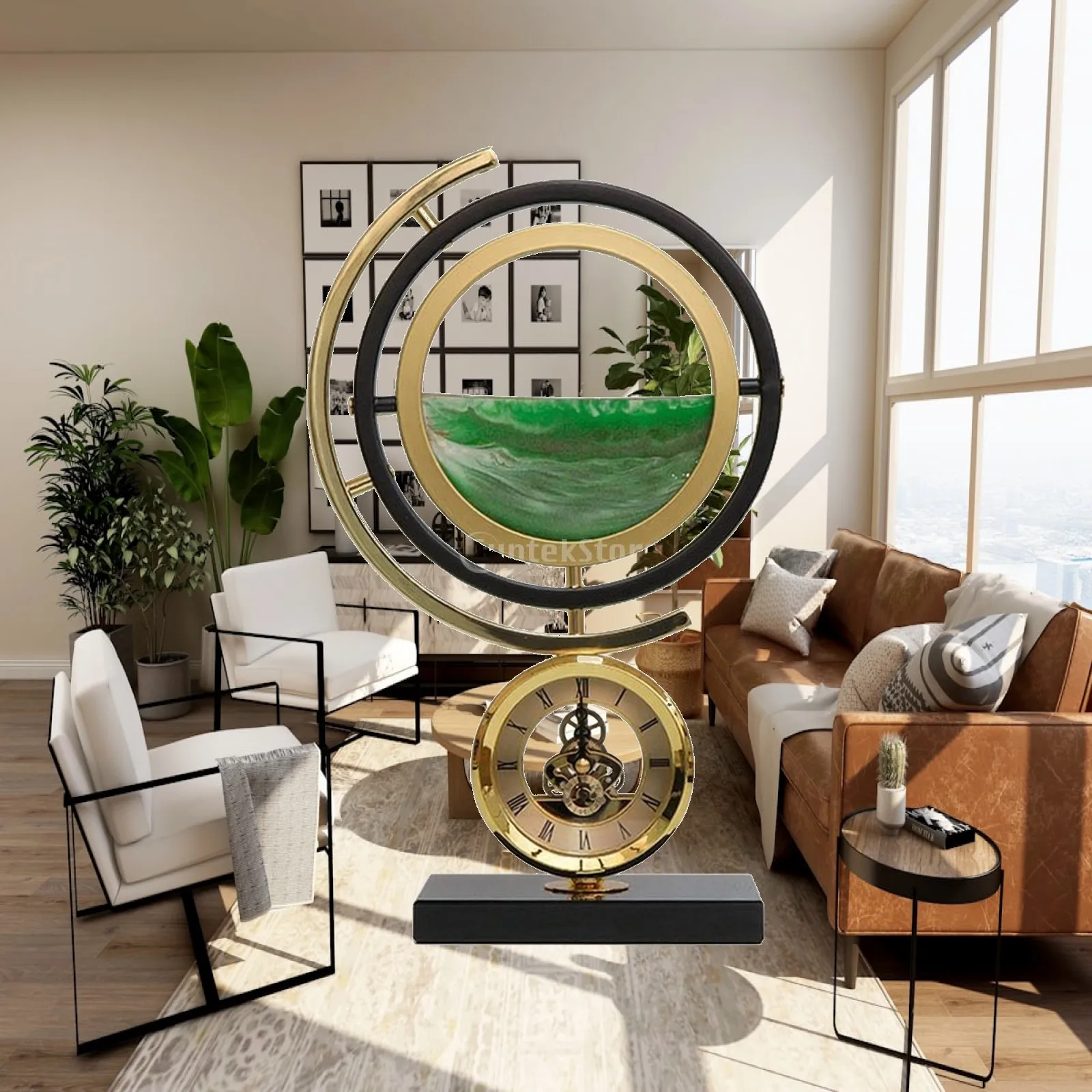 Retro Table Clock with Built-in Sand Art Iron Glass Material Luxurious Gold Inner Band for Desk Shelf Living Room Ornament