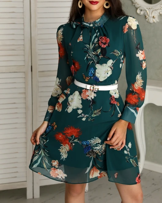 

Summer New Short Skirt Stand Up Collar Long Sleeved Plant Print Pattern Pleated Waist Belt A-Line Skirt Thin Style Dress