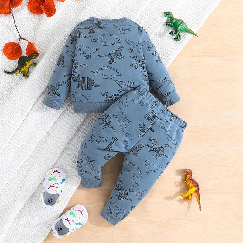 Terno For Kid Boy 3-24Months Casual Fashion Cute Cartoon Dinosaur Long Sleeve tee and Long Pants Blue Outfit