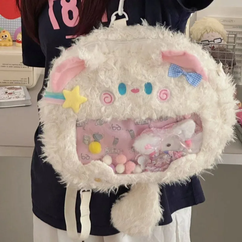 Xiuya Katze Umhängetasche für Frauen Plüsch Süße Mode Y2k Kleiner Rucksack Japanischen Stil Transparent Casual Lolita Weibliche Ita Tasche