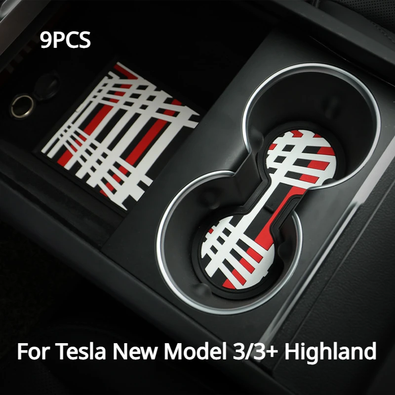 

9PCS for Tesla New Model 3/3+ Highland 2024 Water Cup Mat Water Cup Door Slot Pad Central Control Mat Interior Trim Accessories