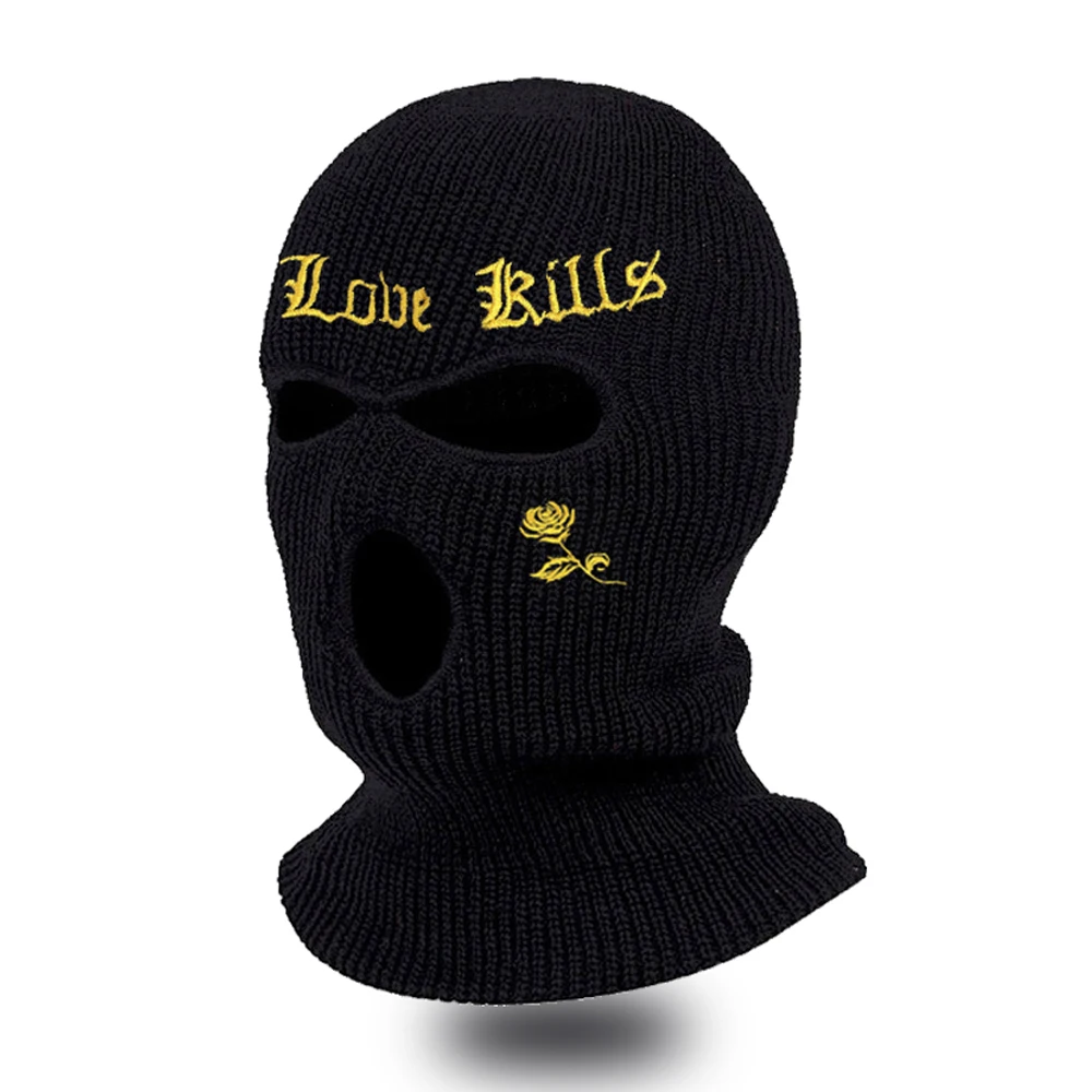 1PC Fashion Embroidery Rose Flower Winter 3 Hole Face Mask Warm Hood Sports Skiing Hat Outdoor Cycling Knitted Pullover Hat