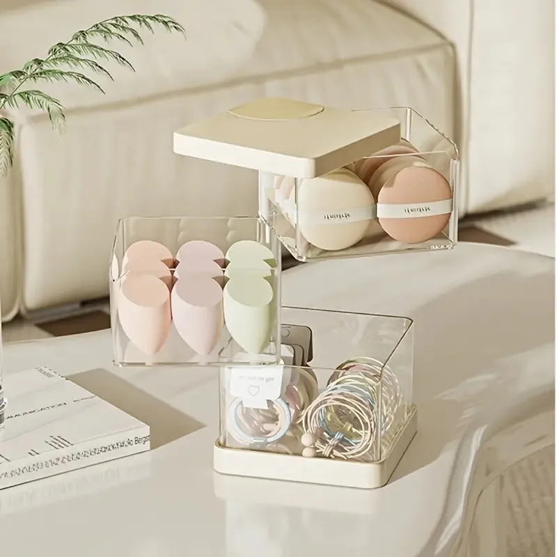 1pc Dustproof Rotating Makeup Organizer Box with Plastic Powder Puff Holder, Multi-Layer Air Cushion & Brush Shelf, Desktop Cosm