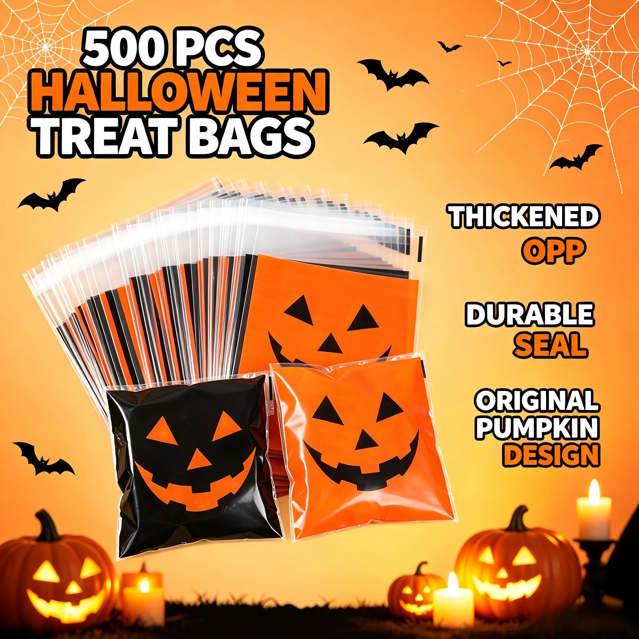 500 Stück Deluxe Halloween-Ziplock-Beutel in Schwarz und Orange mit bösen Kürbismotiven, Aufbewahrungsbeutel für Süßigkeiten und Backwaren, Feiertagsdekoration und Geschenke – Detail 3