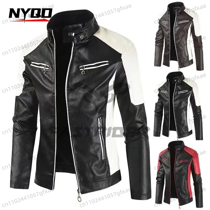 

Motorcycle Riding Leather Jacket Color Stand-up Collar PU Leather Motorcycle Jacket Spring Autumn Thin Casual Leather Jacket