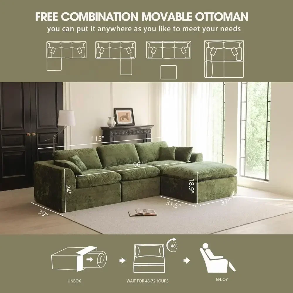 Oversized 3-Seater L-Shape Couch with Ottoman, Forest Green Living Room Furniture
