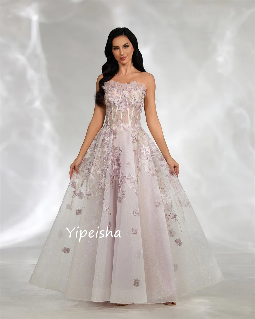 Klassische exquisite träger lose Ballkleid Applikationen Pailletten drapierte Organza boden lange Abendkleider