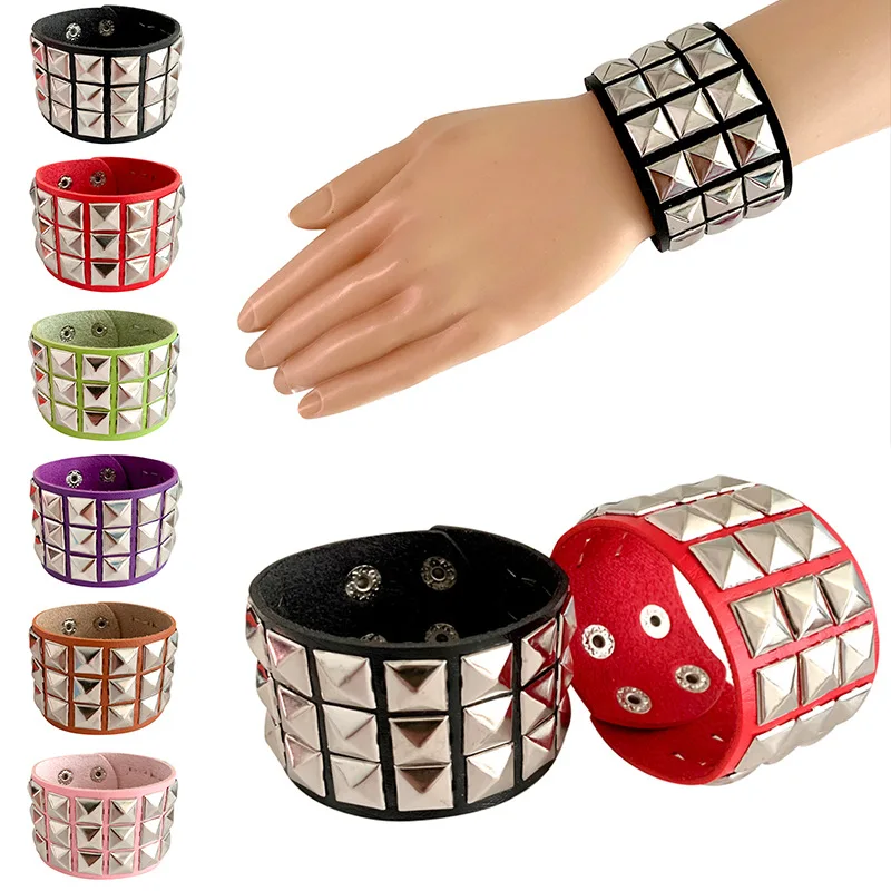 

Wide Punk Rivet Leather Bangle Rock 3 Rows Square Nails Wristband Adjustable Size Jewelry Bracelets&Bangle Two Buckle Adjustable