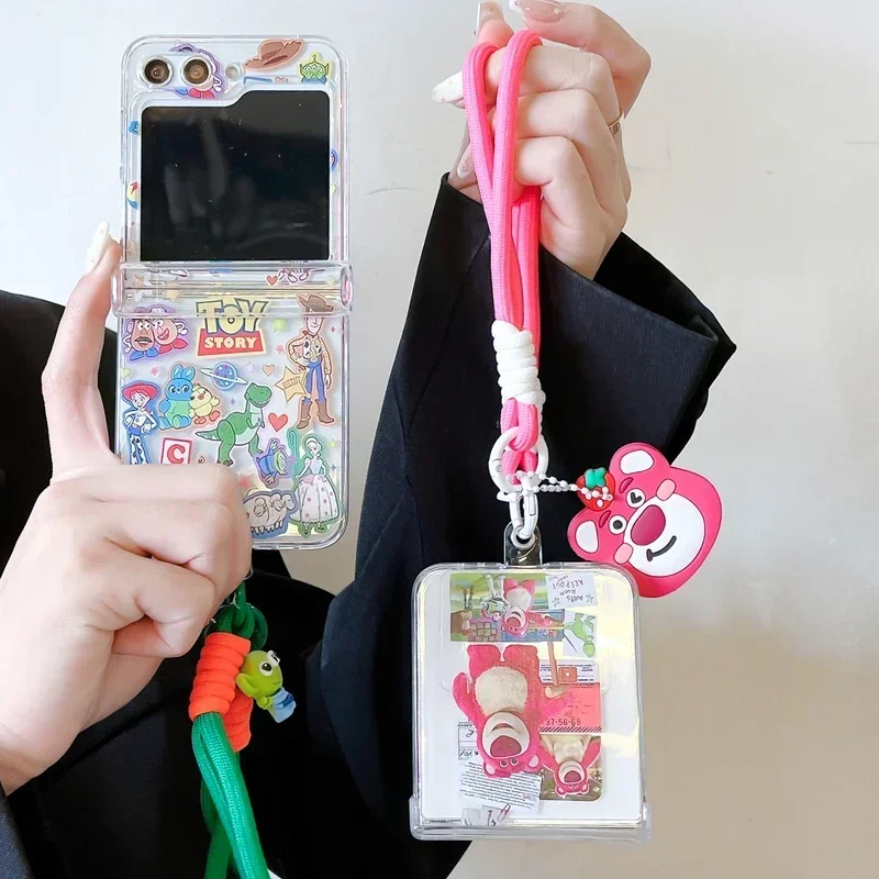 Cute Cartoon Disney Toy Story Lotso Bear Phone Case For Samsung Galaxy Z Flip 6 5 5G 4 3 Clear Soft TPU Cover With Lanyard