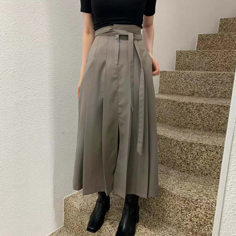 Ele Spring High Waist Banded Long Skirt Pure Color Oversized Design Korean Sle Commute A-Line Midi Skirt