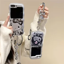 Cute Hello Kitty Kuromi with Bracelet Silver Phone Case for Samsung Galaxy Z Flip 3 4 Z Flip 5 6 5G PC Hard Anti-drop Back Cover