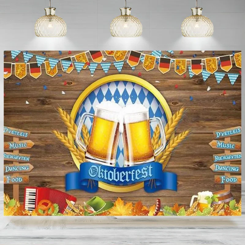 Oktoberfest Backdrop para decoração de festa, cerveja fresca, bandeira azul, fundo de madeira, pano de fundo de trigo, adereços fotográficos