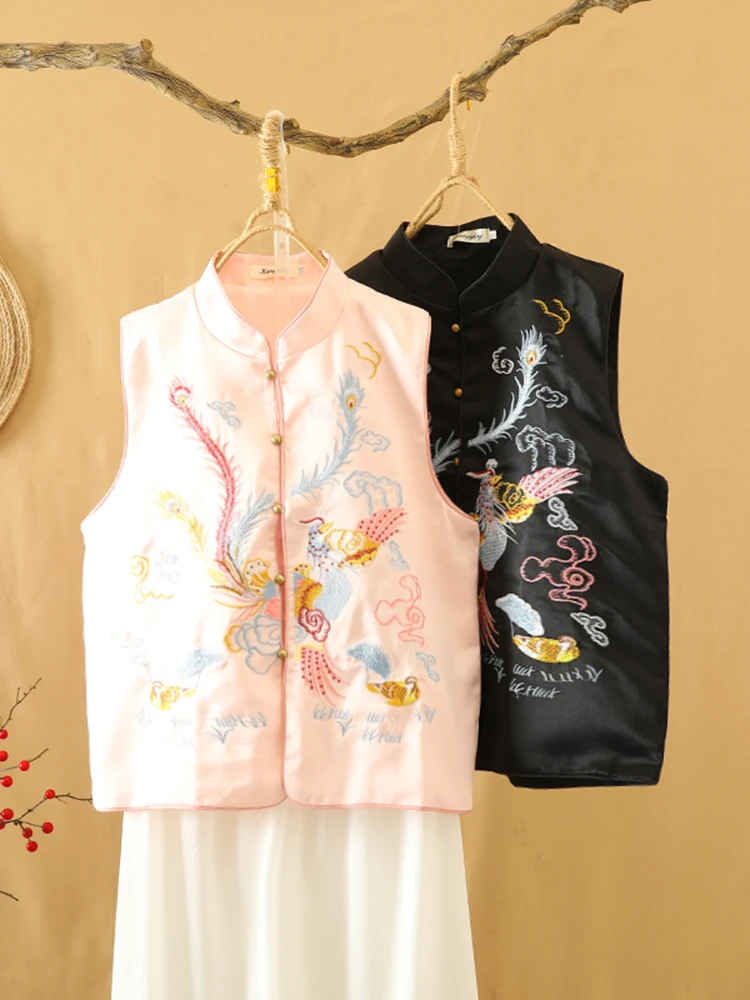 

Новый китайский женский атласный костюм Феникса с тяжелой вышивкой Тан, дэт, свободный крой, жилет с воротником-стойкой, весенняя мода