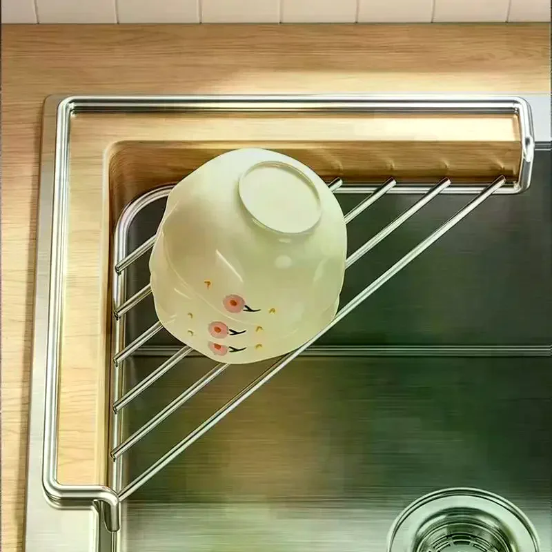 Triangular Sink Drain Rack Stainless Steel Sink Caddy Organizer Drainable Large Capacity Multifunctional Kitchen Sink Organizer