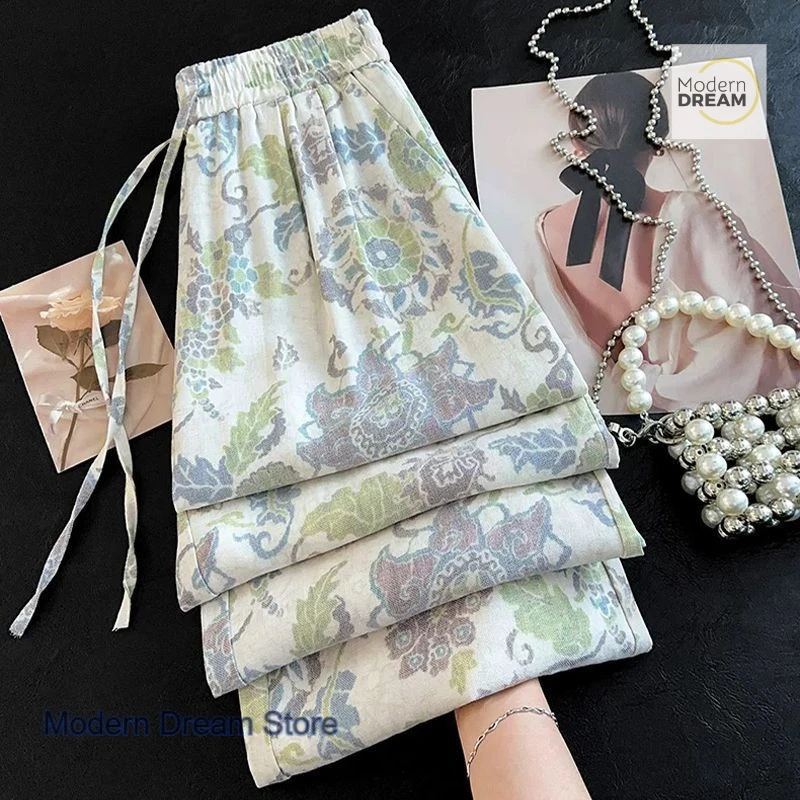 

French retro fashion high-grade ice silk wide-leg pants women's summer new temperament print casual Joker straight pants