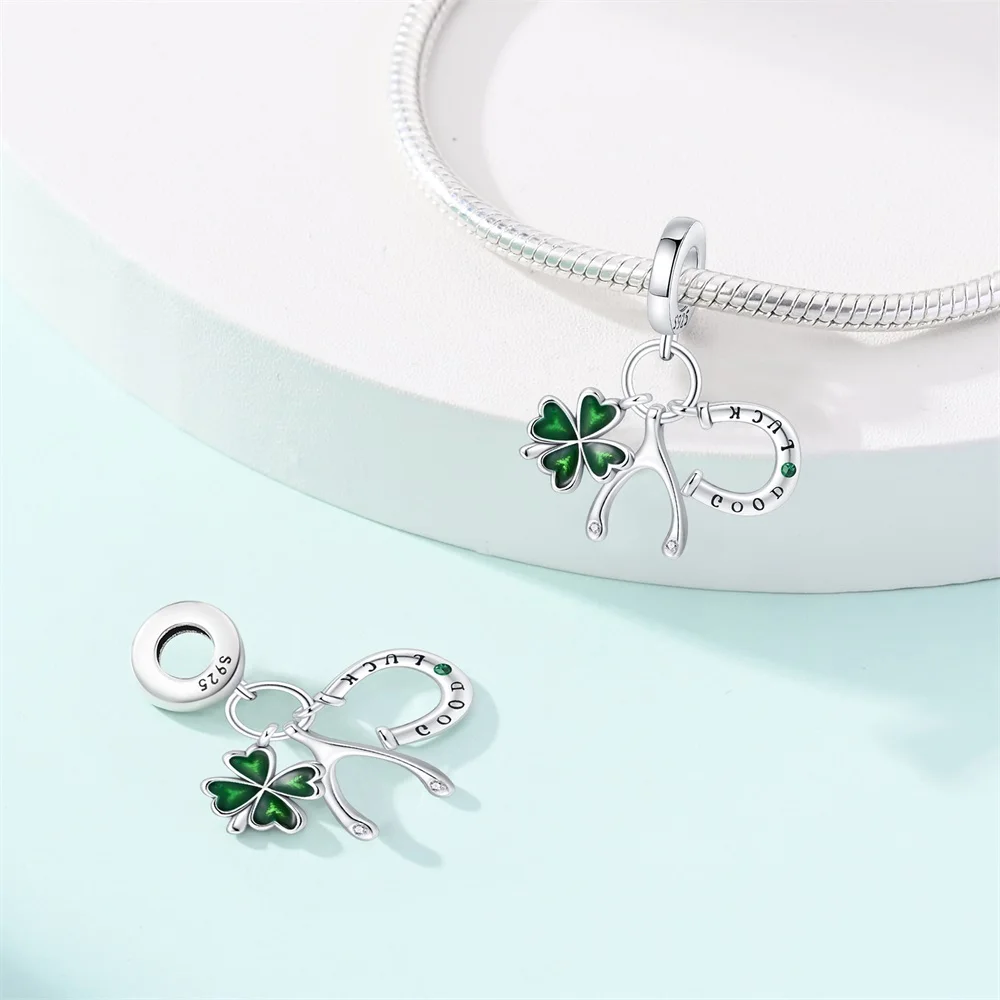 Romantische 925 Sterling Zilveren Maan Kralen Groene Clip Lucky Klavertje Vier Dangle Charm Past Merk Armband & Bangle Meisje Gift