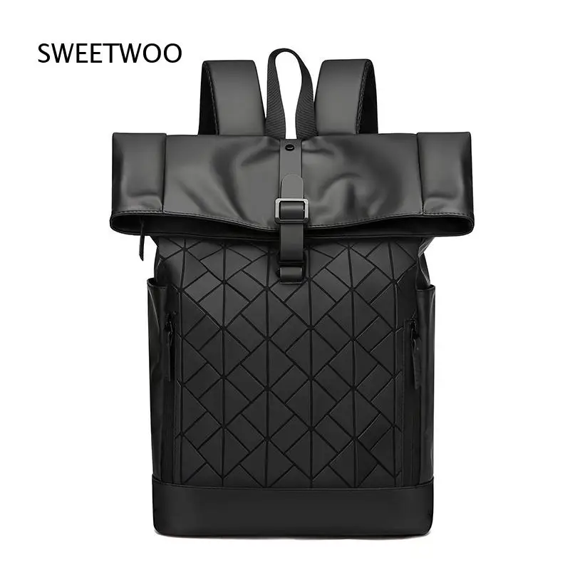Men Geometric Embossed Roll Top Backpack Water Resistant 15.6 Inch Laptop Rucksack Casual Travel School Daypack
