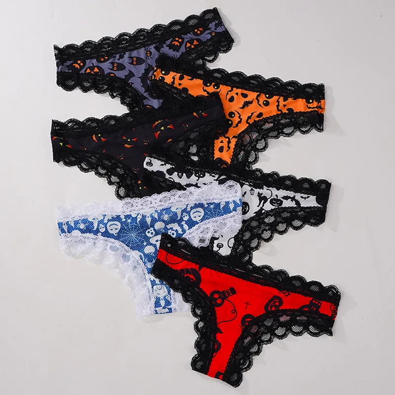 

Printed Underwear Women's Sexy Lace Edge Briefs Dark Gothic Skull Lingerie Comfortable Breathable Thongs Ladies Triangle Pants