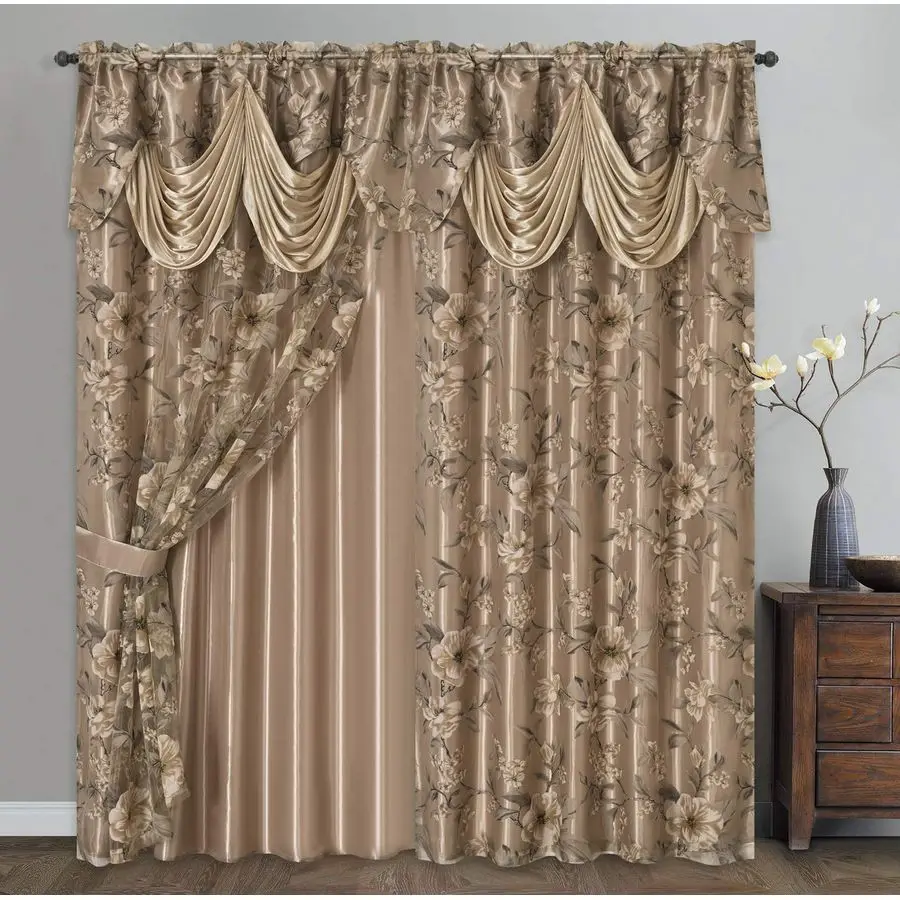 

Roman Romance. BurntOut Printed Organza Window Curtain Panel Drape with Attached Fancy Valance and Taffeta Backing Sand, 55 x 84