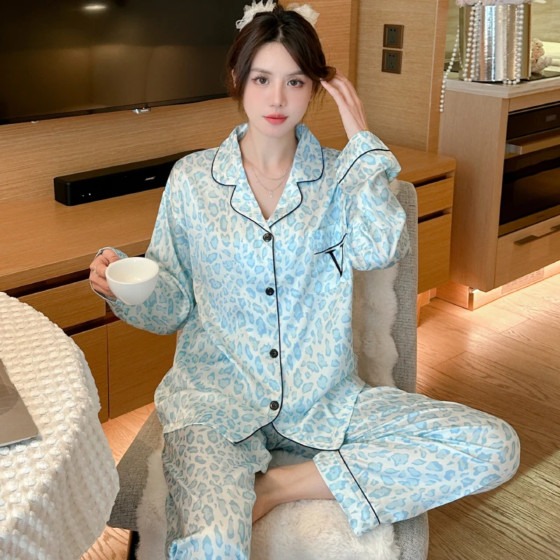 Women\'s Leopard Pajama Set Satin Comfortable Rest Long Sleeve Button Pajama Lounge Pant for Women Sleepwear Home Clothes