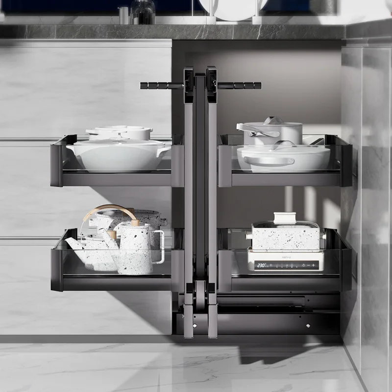 Corner pull-out basket, kitchen cabinet storage rack, corner rotating space aluminum monster, all pull-out linked bowl baskets