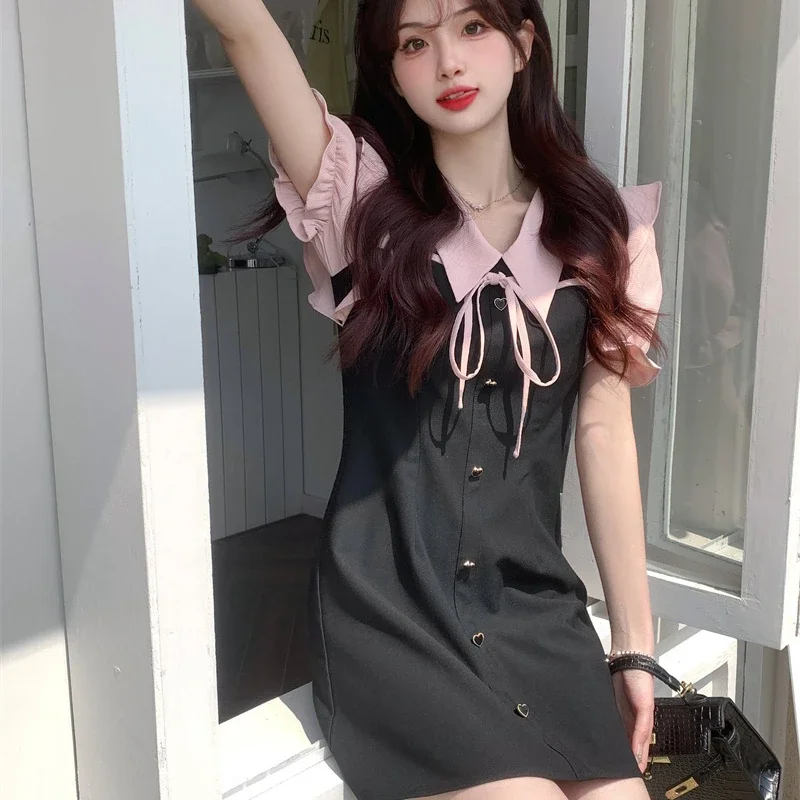 Sweet Dresses Women Preppy Style Elegant Designed Korean Fashion Peter Pan Collar Mini Vestidos Casual All-match Students Mujer