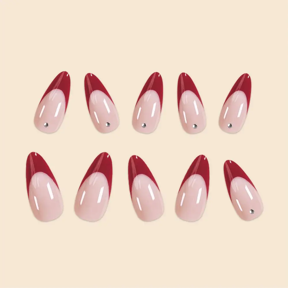 24Pc Middle Size French Red Border Setting stones Simplicity Versatile Women Full Coverage Fake Nails Set