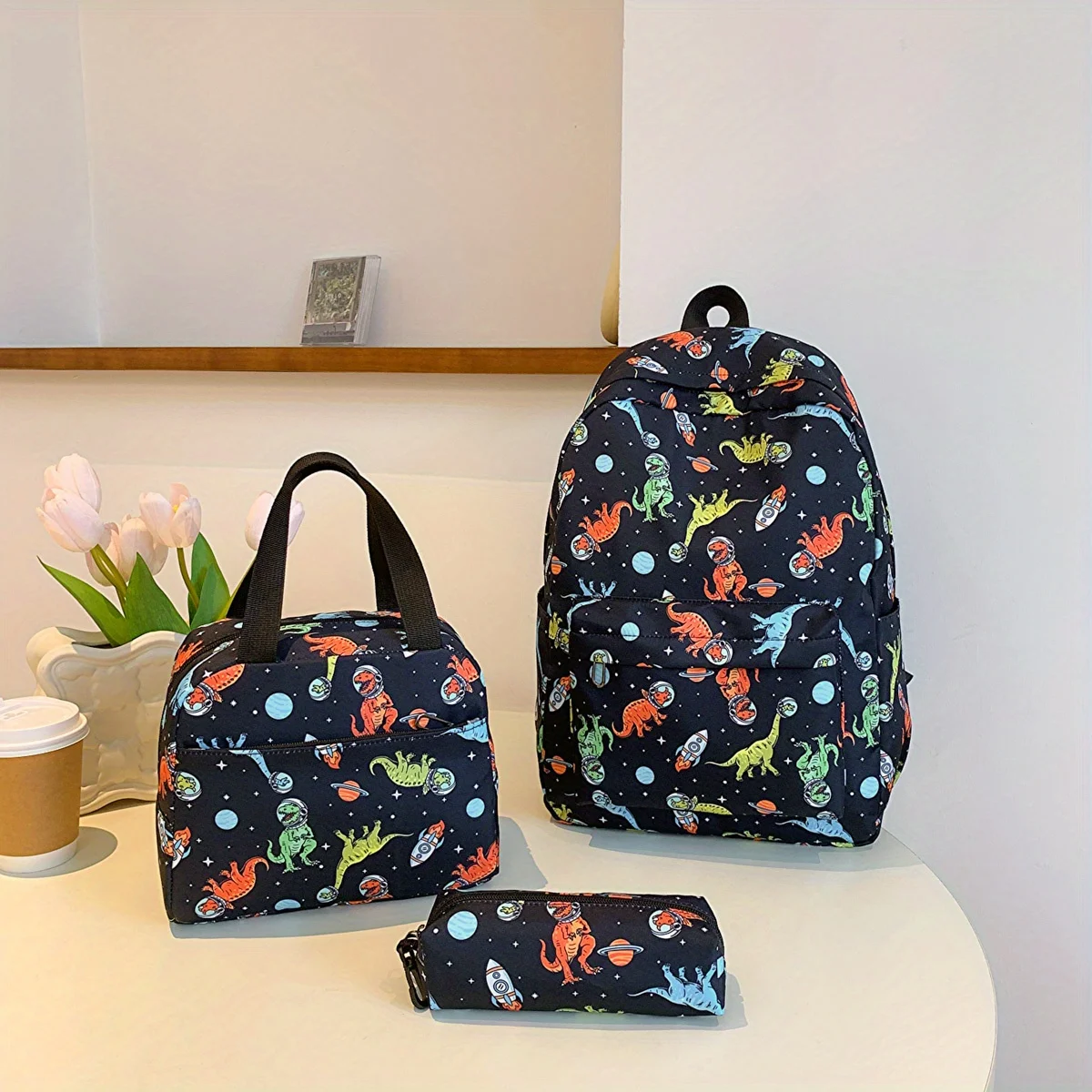 3 Pcs Kids Backpack Large Capacity Fashion Print Dinosaur Backpack Set Nylon Spacious Interior Casual Bags for Kids & Teens