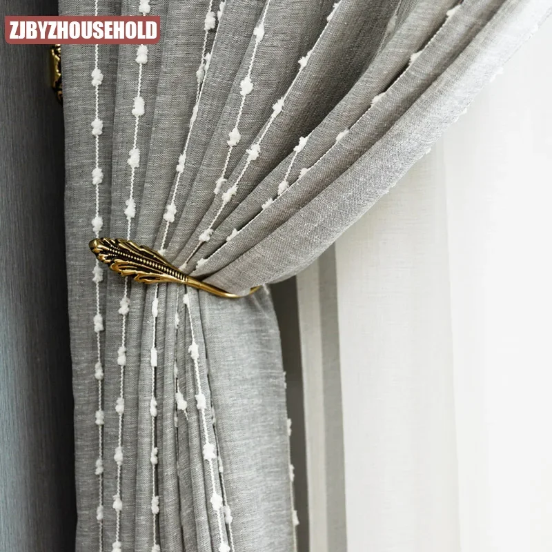 Scandinavian Sheer Curtains for Living Room Bedroom Balcony Vertical Stripe Jacquard Cotton Gray Window Screen Custom Size