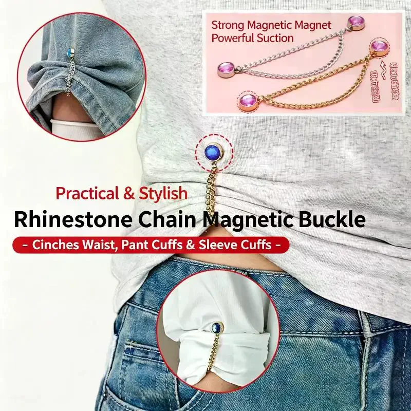 2 PCS Rhinestone Magnetic Waist Cinch Clips With Adjustable Chain For Tightening Oversized Tops