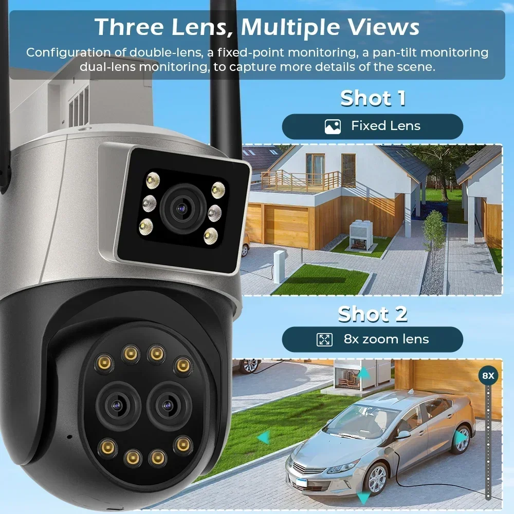 8X Zoom Three Lens  Ai Human Detect Auto Tracking Wifi Survalance Camera 9MP IP Camera Wifi Outdoor Camera Onvif Support ICSee