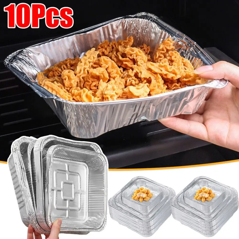 10Pcs 6/7/8 Inch Food Tin Foil Tray Reusable Non-stick Aluminum Foil Box Oil-resistant Oven BBQ Baking Tools Air Fryer Tray