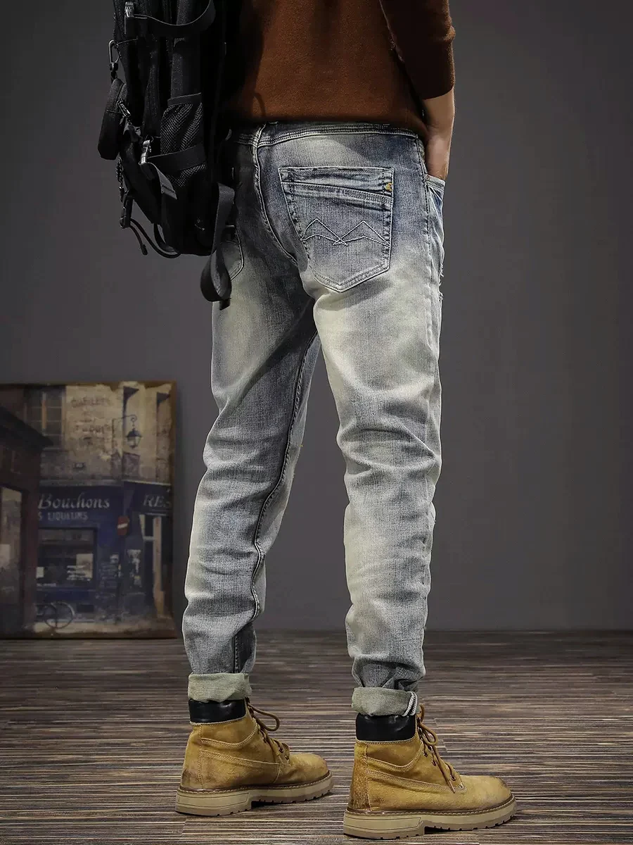 Fashion Vintage Men Jeans Retro Light Gray Blue Stretch Slim Ripped Jeans Men Elastic Trousers Embroidery Designer Pants Hombre