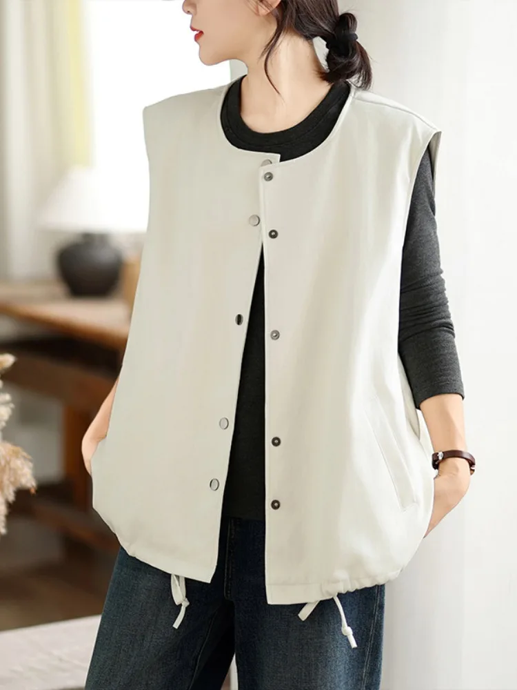 Vintage Minimalist PU Leather Vest Women's Outerwear Autumn Season Unique Drawstring Design Casual Style Home Wear Light Weight