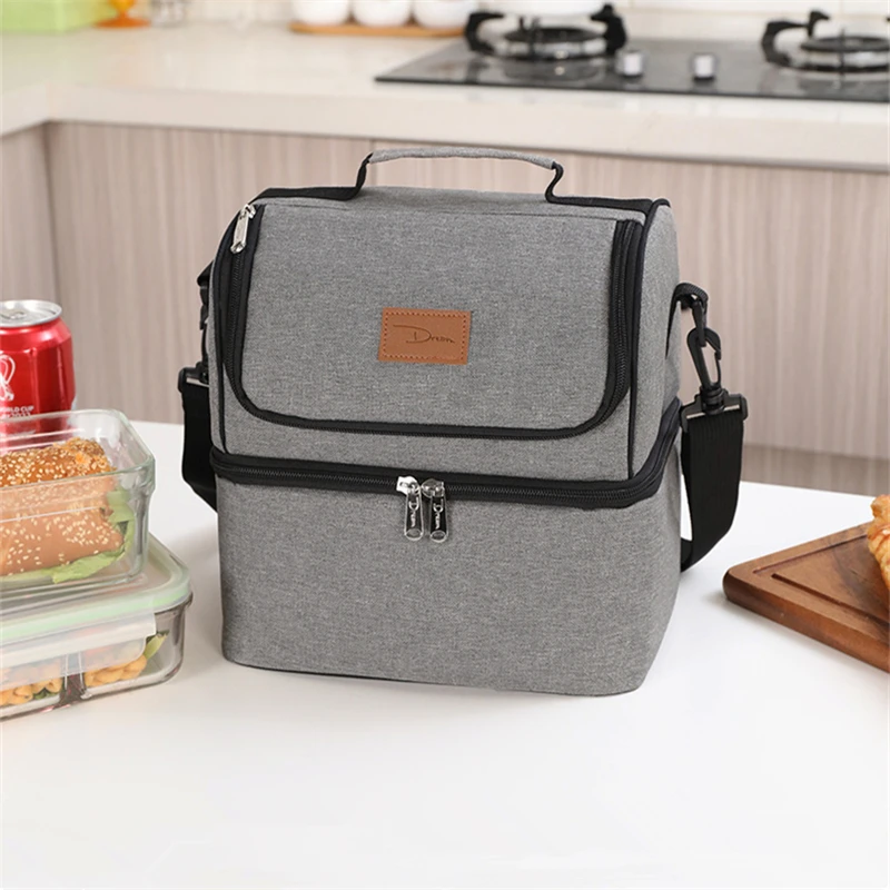 Double Layer Thermal Insulated Lunch Box Dinner Bento Pouch Food Picnic Bags for Women Oxford Cloth Portable Waterproof Bag