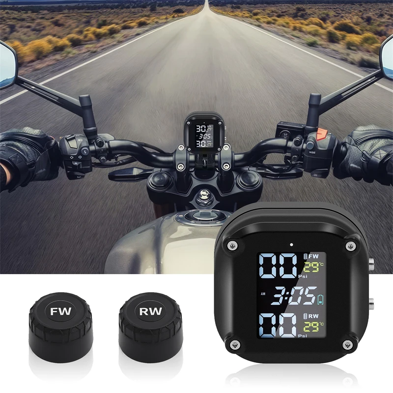 Wireless Motorcycle TPMS Tire Pressure Monitoring System with 2 External Sensors IP65 Waterproof Real Time Tyre Pressure Monitor