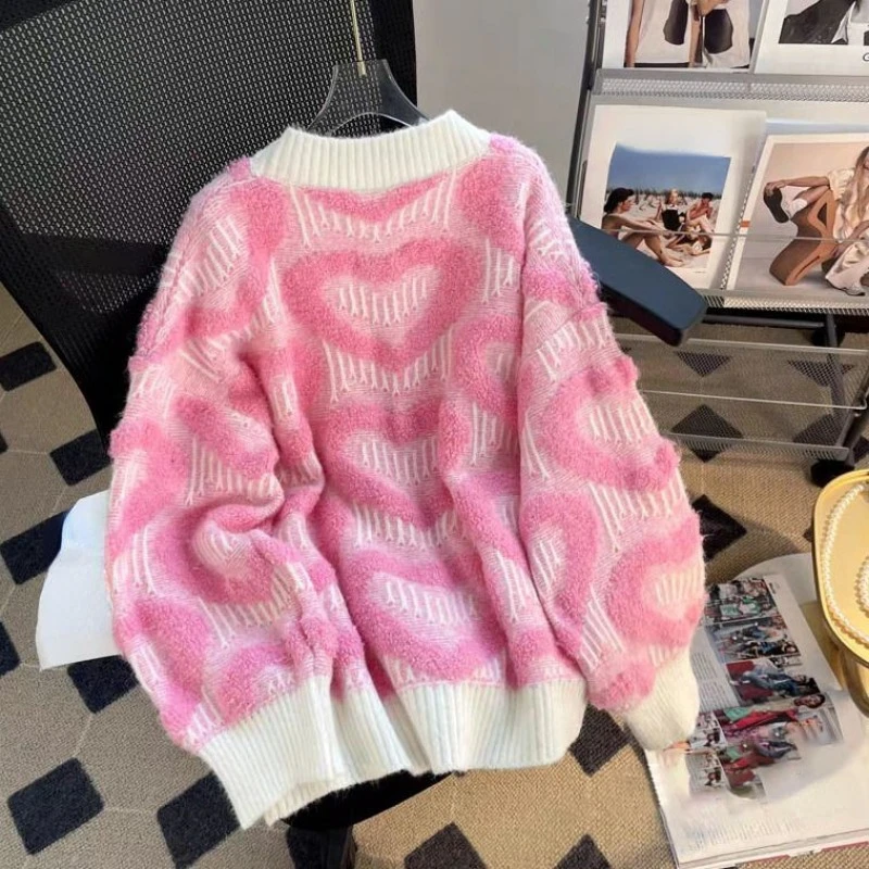 Oversized Sweet Knit Coats Cardigan Heart Flocking Single Breasted Loose Sweaters Preppy Style Autumn Winter Y2k Women Clothing