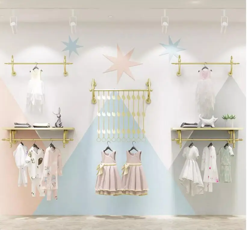 Creative decoration of wall hanging display racks for children's clothing stores, physical store design for children's clothing