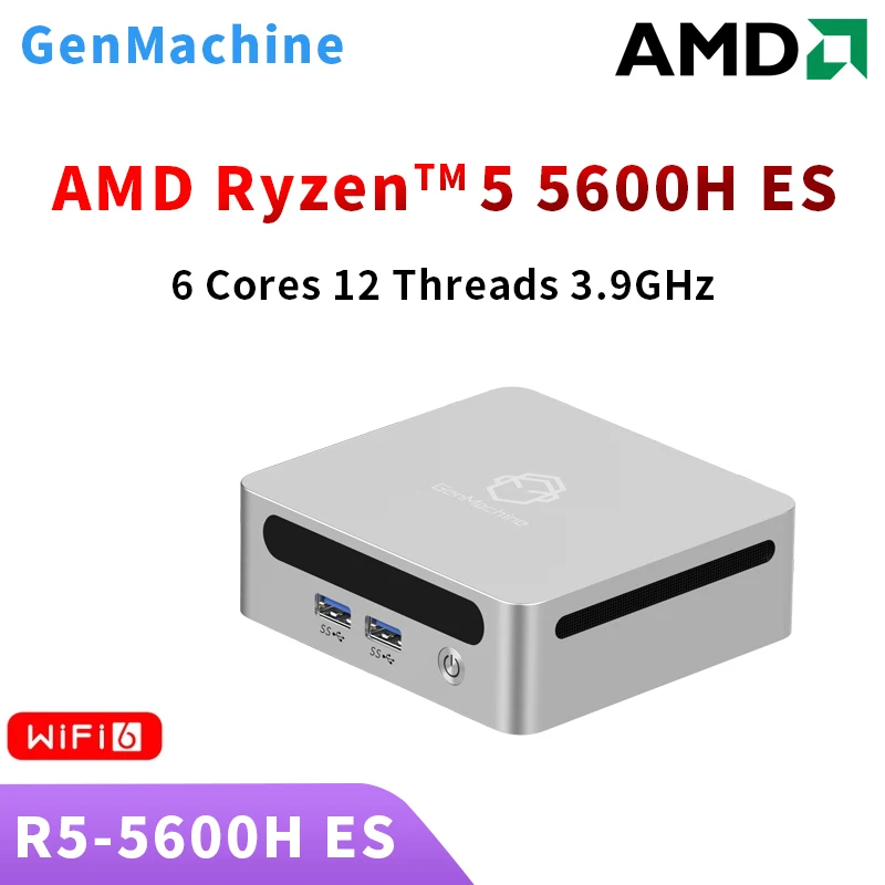 GenMachine AMD Ryzen 5 5600H ES 미니 PC, 윈도우 11, 2 * DDR4 3200Mhz, 최대 지지대 64GB RAM, 게임용 WIFI6 컴퓨터, 신제품