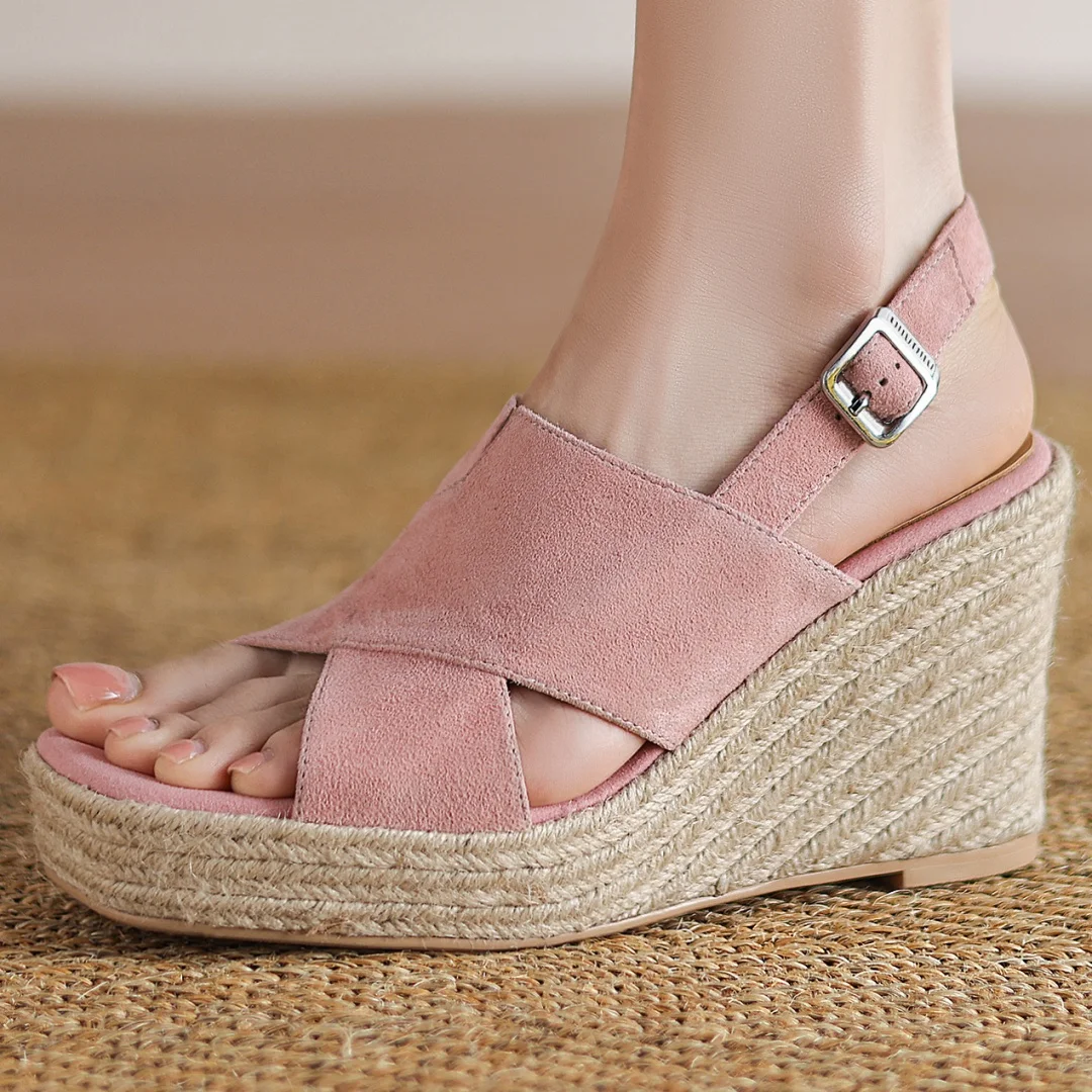 

Женские босоножки на платформе из натуральной замши с открытым носком и пяткой на танкетке из конопли, летние туфли-лодочки на высоком каблуке 9 см, распродажа