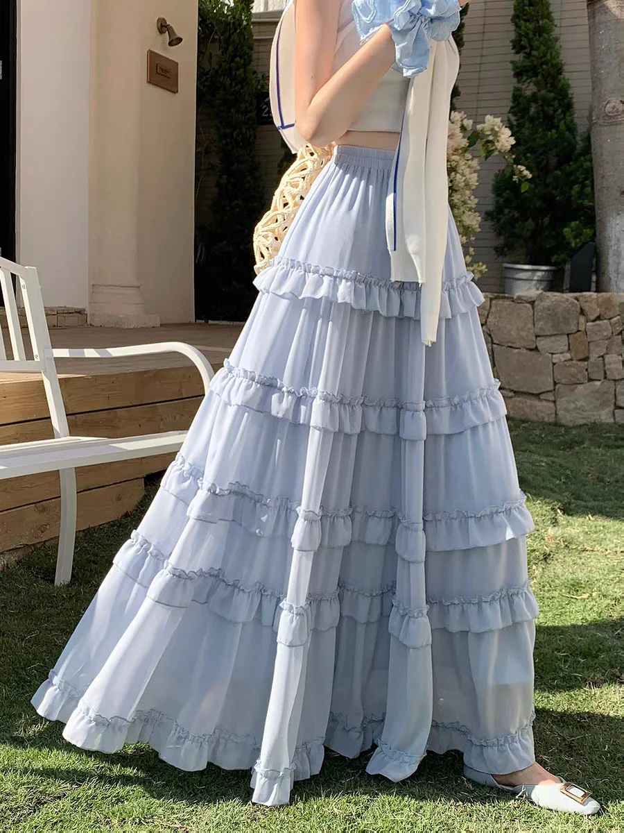 Saia Maxi Branca de Cintura Alta com Babados em Camadas, Tamanho Plus, Fluida, Modelo Evasê, de Chiffon para o Verão com Pregas 6XL