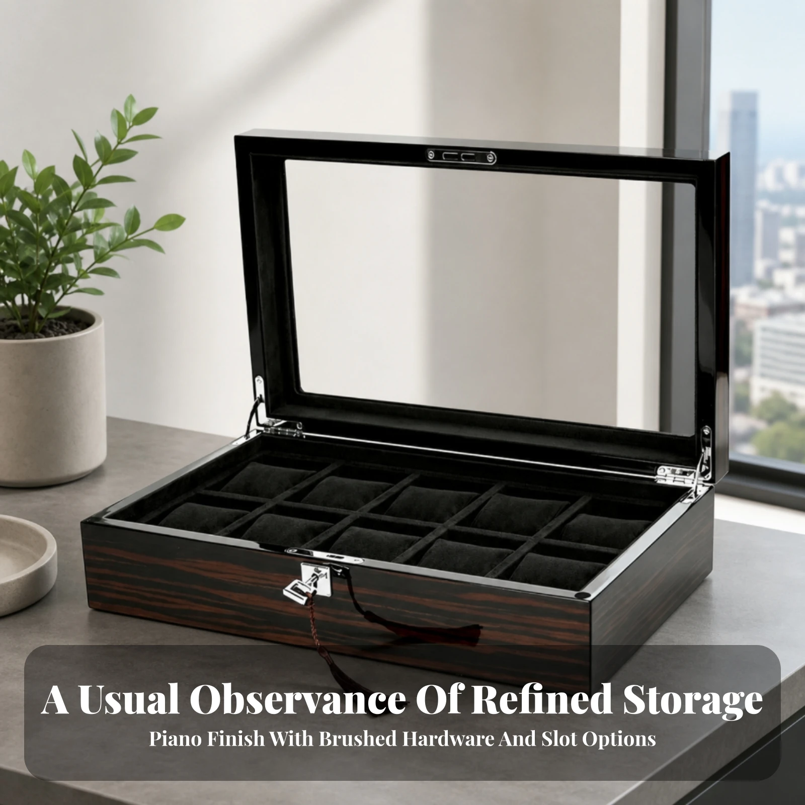 Watch Box with Transparent Lid Luxurious Watch Organizer with Cushions Multi-Compartment Scratch-Resistant for Men, Dresser