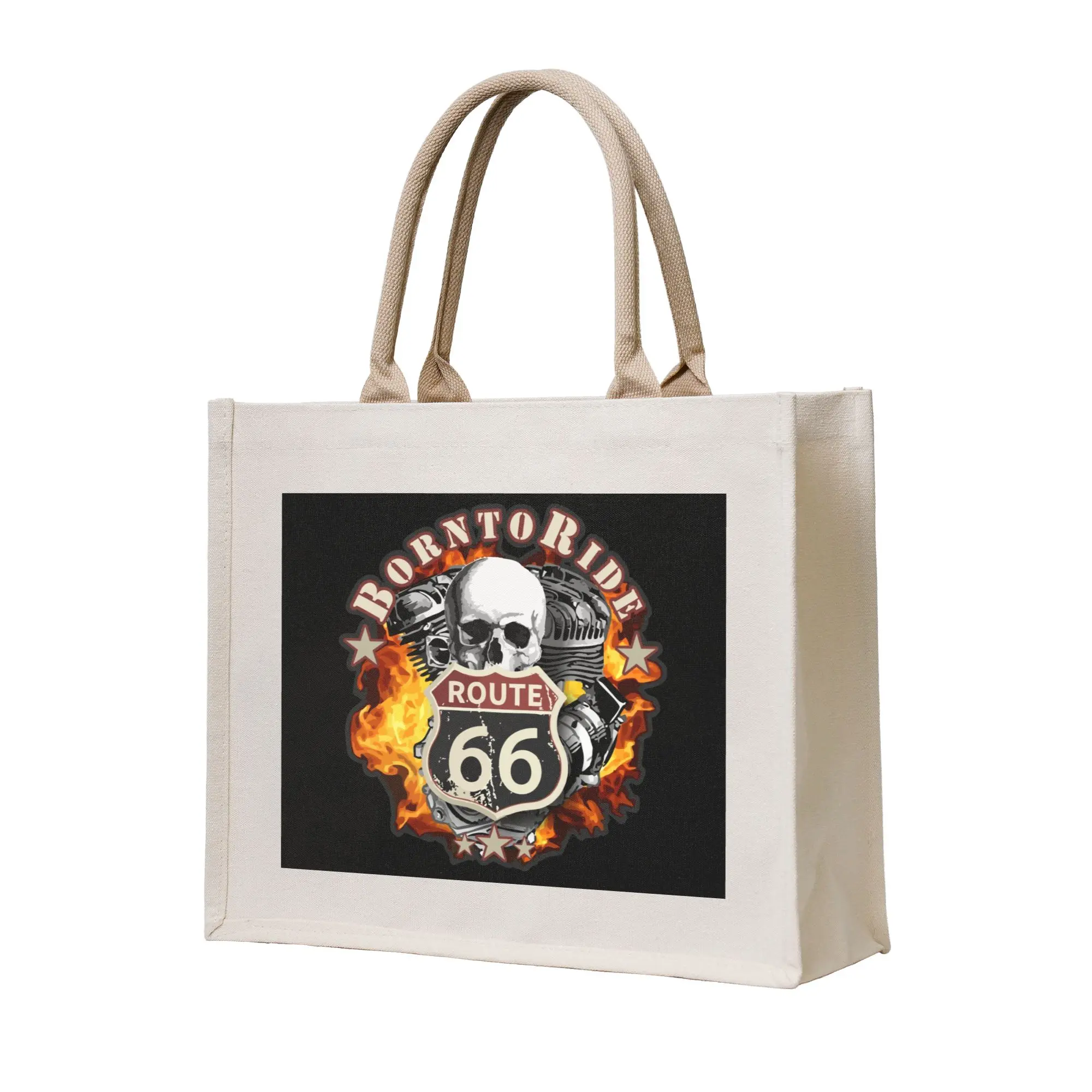 Kawaii Printed Vintage Born to Ride Tote Shopping Bags Portable Shopper Shoulder Route 66 for Chopper Motorcycle Riders Handbag