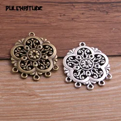 PULCHRITUDE 2pcs 32*40mm Two Color Zinc Alloy Vintage Round Hollow Flower Connectors Pendants Jewelry Making DIY Handmade Craft