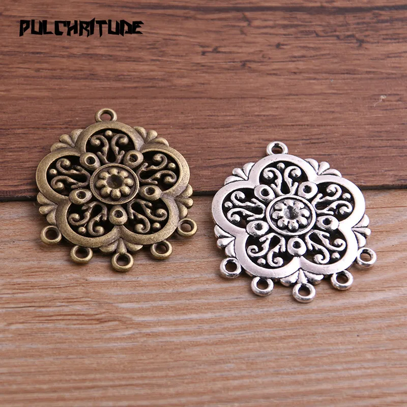 PULCHRITUDE 2pcs 32*40mm Two Color Zinc Alloy Vintage Round Hollow Flower Connectors Pendants Jewelry Making DIY Handmade Craft