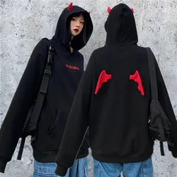 Harajuku Hoodies Girl Little Devil Horns Gothic Hooded Sweatshirts Women Demon Fly Wings Loose Pullovers Pocket Tops Streetwear
