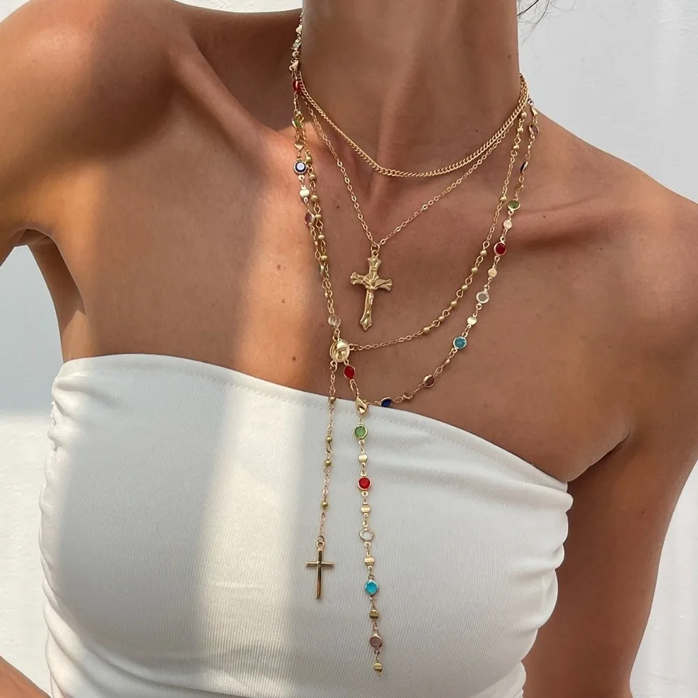 Jewelry Rhinestone Metal Stacked Necklace Y2K Fashion Cross Necklace Set Creative Brass Stacked Collarbone Chain Accessories