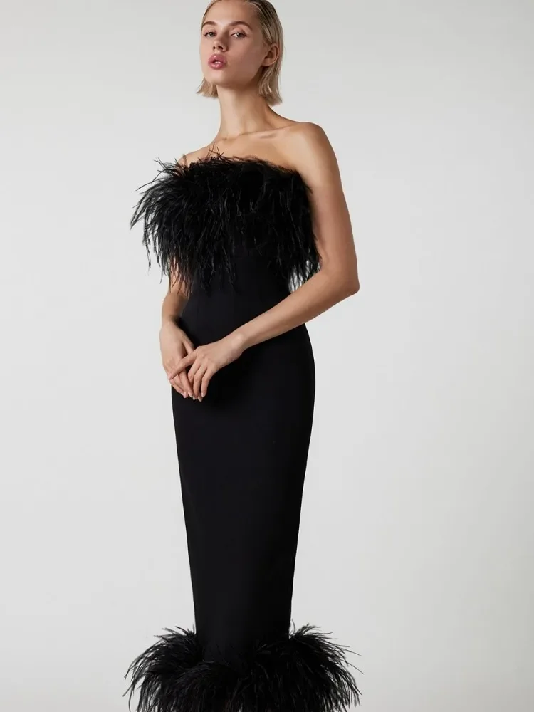 

Sexy Strapless Backless Feather Midi Bandage Dress Elegant Black Luxury Feathers Bodycon Fashion Party Club Dress