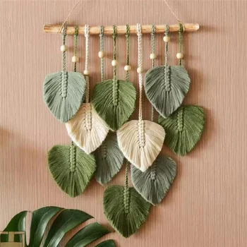 Macramé Wall Hanging para Home Decor, Folha Estética Tecida, Tapeçaria Boho, Decoração do Casamento, Verde