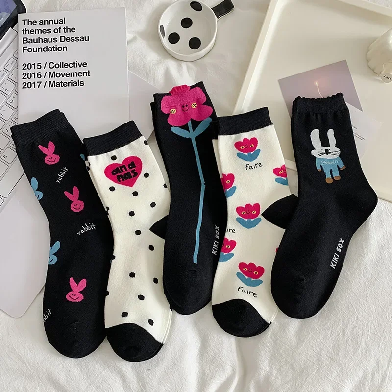 Cartoon Rabbit Cute Socks Korean Style Harajuku Floral Print Vintage Women Socks Sweet Girls Japanese Kawaii Cotton Long Socks